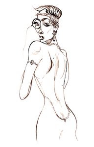 Model wearing a backless dress and a monocle